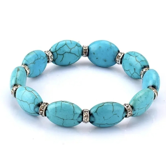Hand Crafted Jewelry - Pretty faux turquoise color beaded bracelet with CZ, oblong shape beads